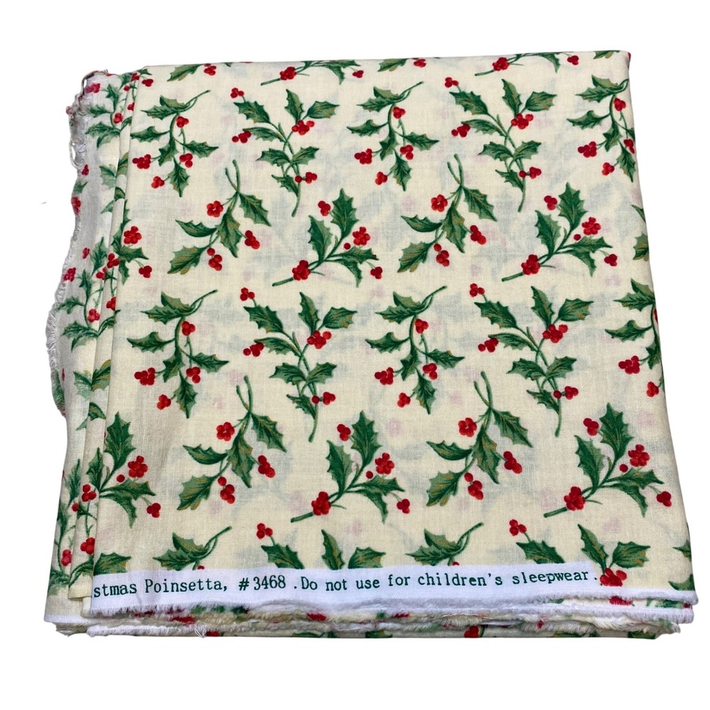 Vtg 90s Springs Industries Christmas Poinsetta Holly Berry Cotton Fabric 2 yds